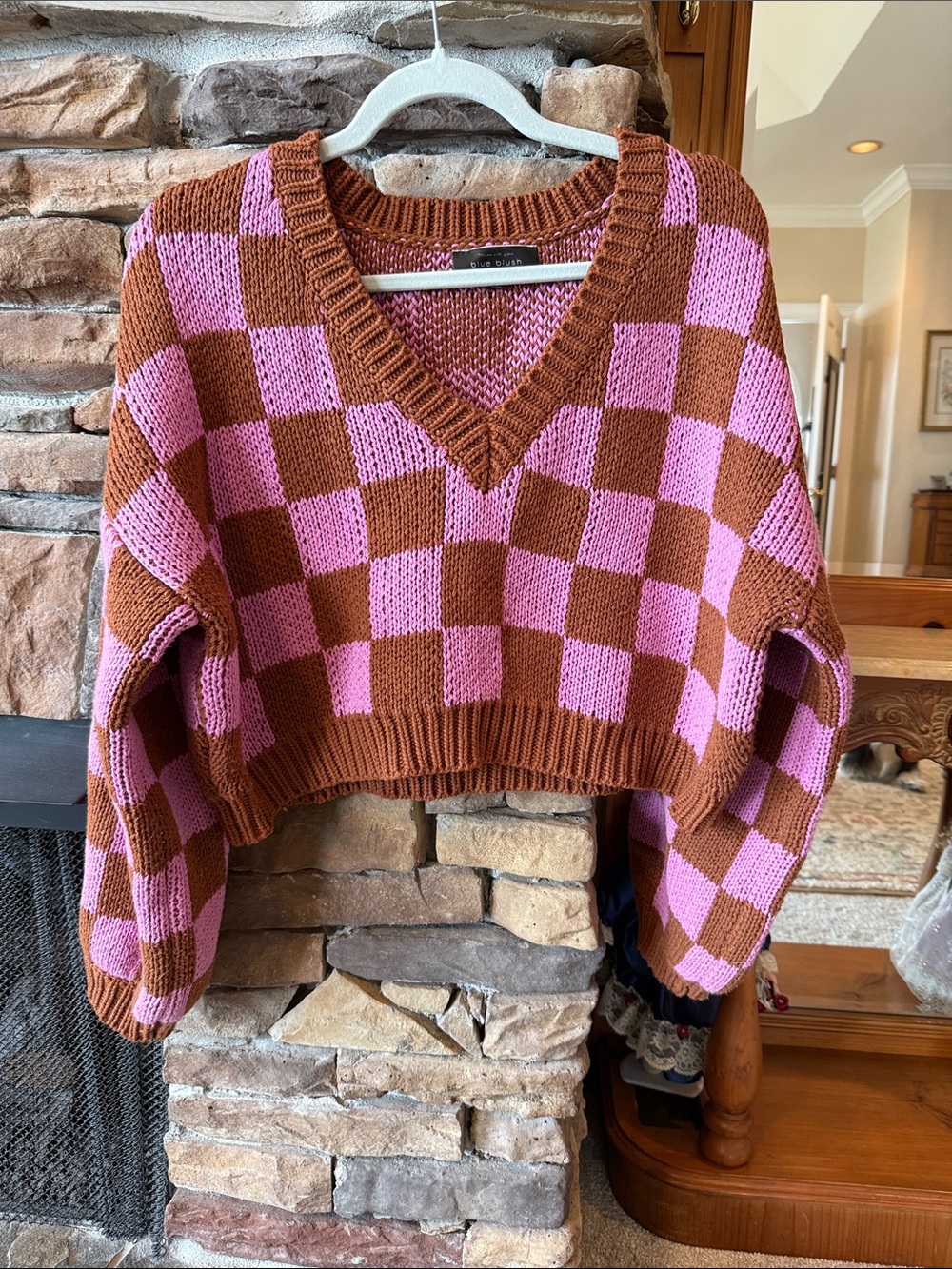 Blue Blush Pink & Brown Checkerboard V-Neck Sweater